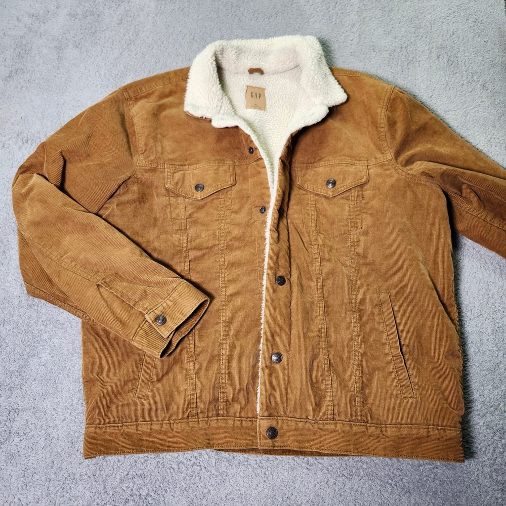 GAP Mens XL Trucker Jacket Brown Sherpa Lined Corduroy Stretch 755492-00